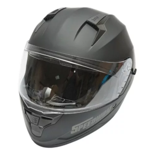 Matt fekete, teljes arcra tervezett motoros sisak átlátszó napellenzővel és napszemüveggel, L-es méret, Arcane II modell