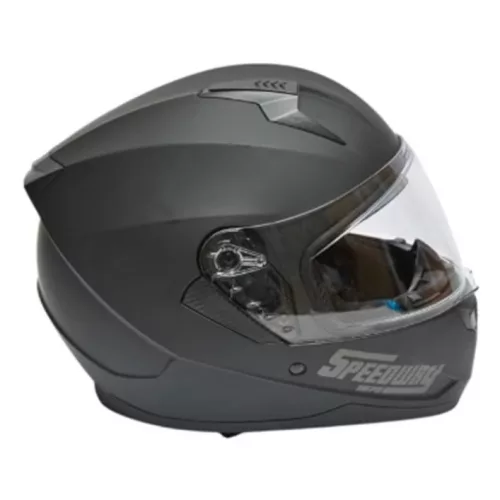 Matt fekete, teljes arcra tervezett motoros sisak átlátszó napellenzővel és napszemüveggel, L-es méret, Arcane II modell