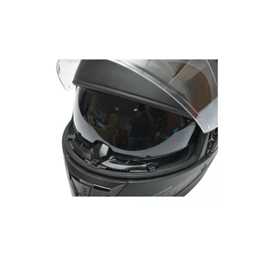 Matt fekete, teljes arcra tervezett motoros sisak átlátszó napellenzővel és napszemüveggel, L-es méret, Arcane II modell