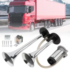   Kéthangú kürt 2 kürttel, szuper erős, 178db, 12V-os tápegység elektromos kompresszorral, króm/fekete színben