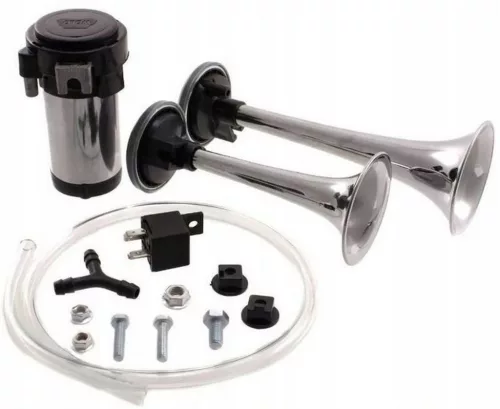 Kéthangú kürt 2 kürttel, szuper erős, 178db, 12V-os tápegység elektromos kompresszorral, króm/fekete színben