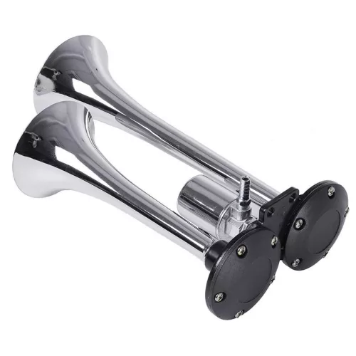 Kéthangú kürt 2 kürttel, 12/24V tápegység légkompresszorral felszerelt járművekhez, króm/fekete színben