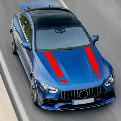 2 db-os öntapadós Tuning matrica szett, "Hood Stripes V1" modell, 85 x 12 cm méret, piros szín