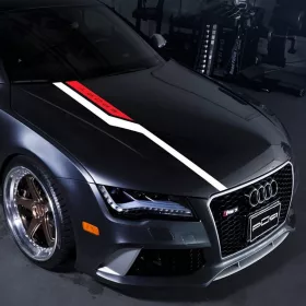   Set sticker autoadeziv Tuning in doua culori, model "Hood Stripes V3", dimensiune 130 x 10 cm, culoare Rosu + Negru