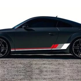   2 db-os öntapadós Tuning matrica szett, "Racing Stripes V2" modell, 180 x 16,5 cm méret, fehér + szürke + piros szín