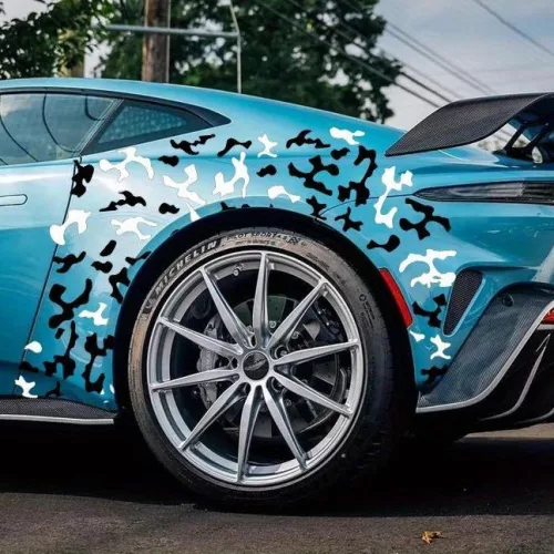 2 db öntapadós Tuning matrica szett két színben, "Paint Stains" modell, méret 97 x 47 cm, szín fekete + fehér