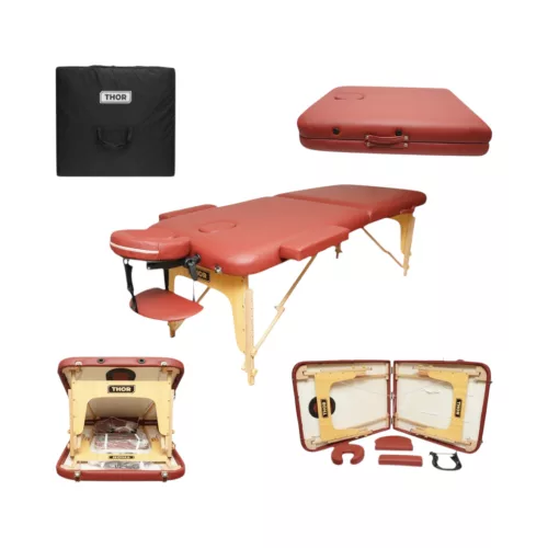 Összecsukható masszázsasztal, 2 zónás, fa váz, 5 cm-es habszivacs, magasság 55-76 cm, eko bőr, méretek 60x213 cm, bordó szín