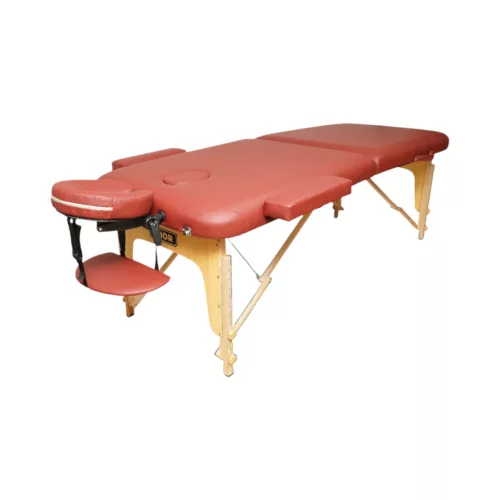 Összecsukható masszázsasztal, 2 zónás, fa váz, 5 cm-es habszivacs, magasság 55-76 cm, eko bőr, méretek 60x213 cm, bordó szín