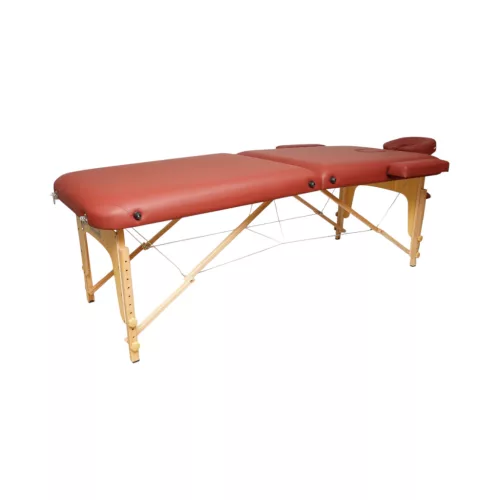 Összecsukható masszázsasztal, 2 zónás, fa váz, 5 cm-es habszivacs, magasság 55-76 cm, eko bőr, méretek 60x213 cm, bordó szín
