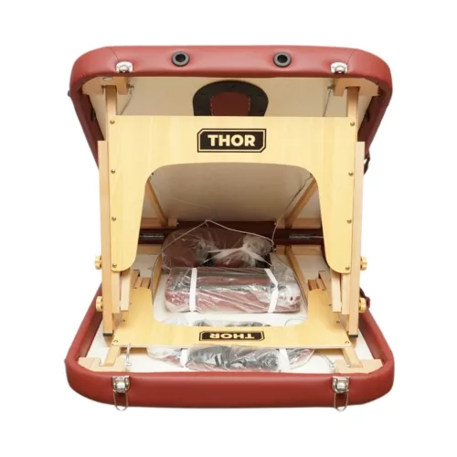 Összecsukható masszázsasztal, 2 zónás, fa váz, 5 cm-es habszivacs, magasság 55-76 cm, eko bőr, méretek 60x213 cm, bordó szín