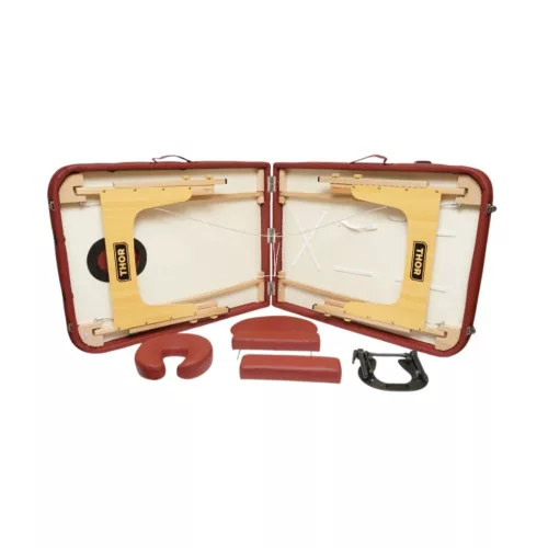 Összecsukható masszázsasztal, 2 zónás, fa váz, 5 cm-es habszivacs, magasság 55-76 cm, eko bőr, méretek 60x213 cm, bordó szín