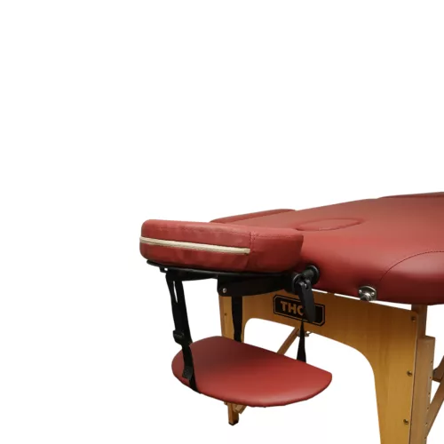 Összecsukható masszázsasztal, 2 zónás, fa váz, 5 cm-es habszivacs, magasság 55-76 cm, eko bőr, méretek 60x213 cm, bordó szín