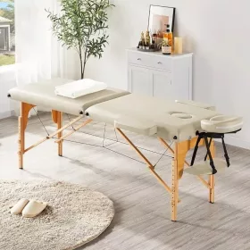   Összecsukható masszázsasztal, 2 zónás, fa váz, 5 cm-es habszivacs, magasság 55-76 cm, eko bőr, méretek 60x213 cm, krémszínű