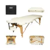 Összecsukható masszázsasztal, 2 zónás, fa váz, 5 cm-es habszivacs, magasság 55-76 cm, eko bőr, méretek 60x213 cm, krémszínű