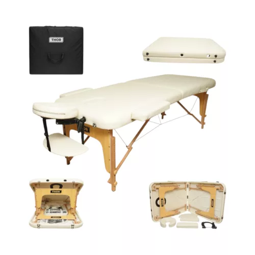 Összecsukható masszázsasztal, 2 zónás, fa váz, 5 cm-es habszivacs, magasság 55-76 cm, eko bőr, méretek 60x213 cm, krémszínű