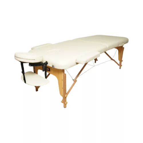 Összecsukható masszázsasztal, 2 zónás, fa váz, 5 cm-es habszivacs, magasság 55-76 cm, eko bőr, méretek 60x213 cm, krémszínű