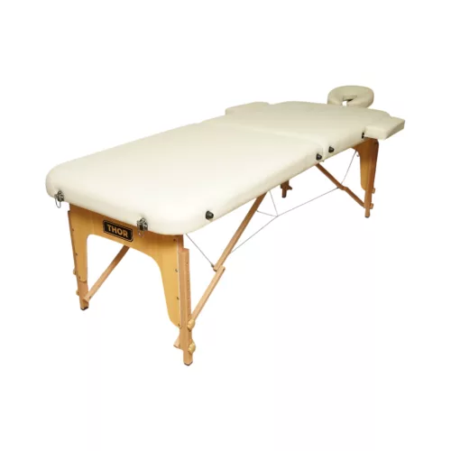 Összecsukható masszázsasztal, 2 zónás, fa váz, 5 cm-es habszivacs, magasság 55-76 cm, eko bőr, méretek 60x213 cm, krémszínű