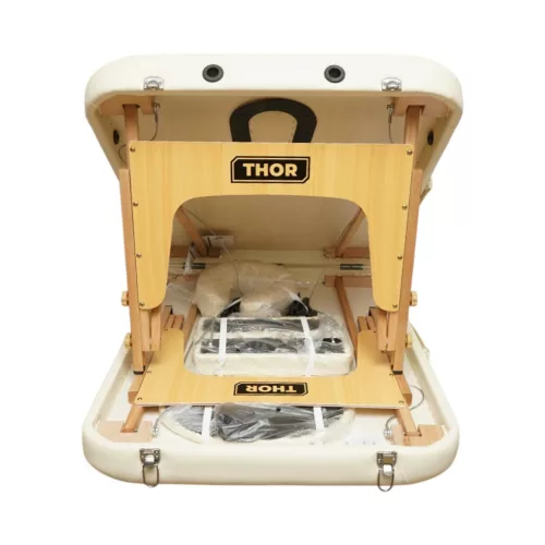 Összecsukható masszázsasztal, 2 zónás, fa váz, 5 cm-es habszivacs, magasság 55-76 cm, eko bőr, méretek 60x213 cm, krémszínű