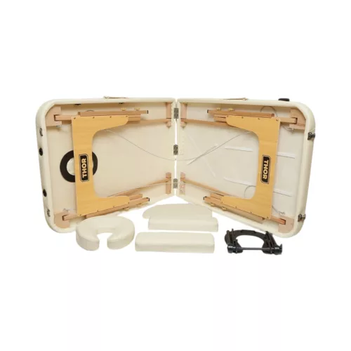 Összecsukható masszázsasztal, 2 zónás, fa váz, 5 cm-es habszivacs, magasság 55-76 cm, eko bőr, méretek 60x213 cm, krémszínű