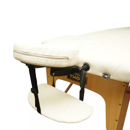 Összecsukható masszázsasztal, 2 zónás, fa váz, 5 cm-es habszivacs, magasság 55-76 cm, eko bőr, méretek 60x213 cm, krémszínű