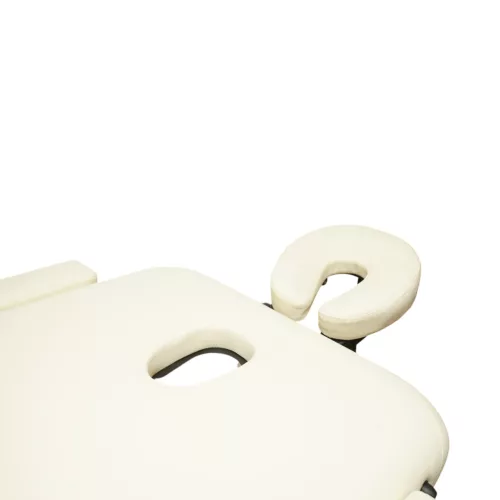 Összecsukható masszázsasztal, 2 zónás, fa váz, 5 cm-es habszivacs, magasság 55-76 cm, eko bőr, méretek 60x213 cm, krémszínű