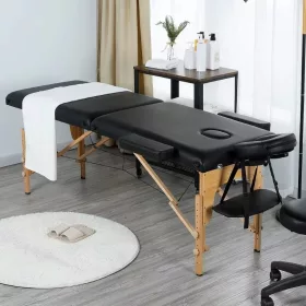   Összecsukható masszázsasztal, 2 zónás, fa váz, 5 cm-es habszivacs, magasság 55-76 cm, eko bőr, méretek 60x213 cm, szín Fekete
