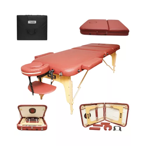 Összecsukható masszázsasztal, 3 zónás, fa váz, 5 cm-es habszivacs, magasság 55-76 cm, eko bőr, méretek 60x213 cm, bordó szín