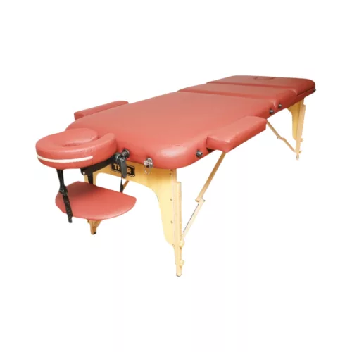 Összecsukható masszázsasztal, 3 zónás, fa váz, 5 cm-es habszivacs, magasság 55-76 cm, eko bőr, méretek 60x213 cm, bordó szín