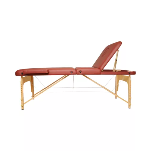 Összecsukható masszázsasztal, 3 zónás, fa váz, 5 cm-es habszivacs, magasság 55-76 cm, eko bőr, méretek 60x213 cm, bordó szín