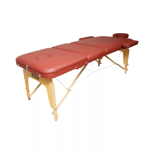 Skladací masážny stôl, 3 zóny, drevený rám, 5 cm pena, výška 55-76 cm, eko koža, rozmery 60x213 cm, bordová farba