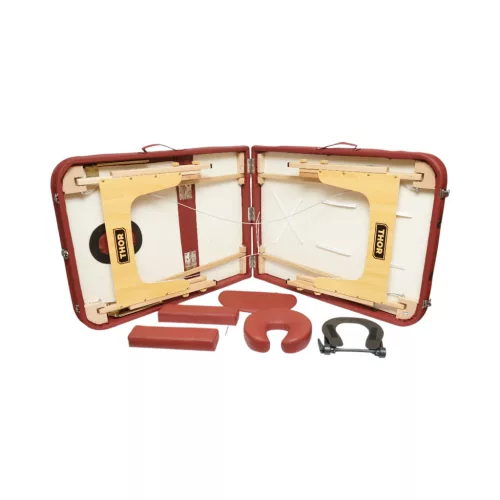 Összecsukható masszázsasztal, 3 zónás, fa váz, 5 cm-es habszivacs, magasság 55-76 cm, eko bőr, méretek 60x213 cm, bordó szín