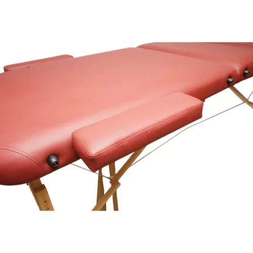 Összecsukható masszázsasztal, 3 zónás, fa váz, 5 cm-es habszivacs, magasság 55-76 cm, eko bőr, méretek 60x213 cm, bordó szín