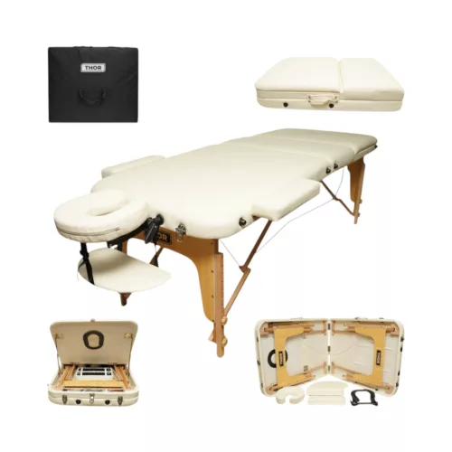 Összecsukható masszázsasztal, 3 zónás, fa váz, 5 cm-es habszivacs, magasság 55-76 cm, eko bőr, méretek 60x213 cm, krémszínű