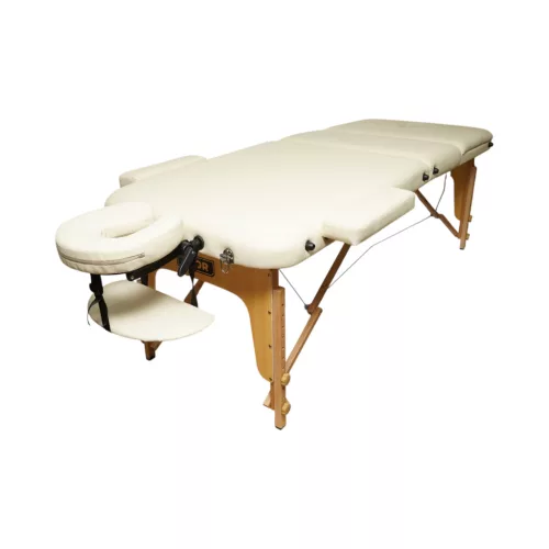 Összecsukható masszázsasztal, 3 zónás, fa váz, 5 cm-es habszivacs, magasság 55-76 cm, eko bőr, méretek 60x213 cm, krémszínű