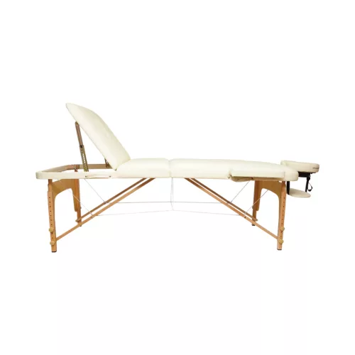 Összecsukható masszázsasztal, 3 zónás, fa váz, 5 cm-es habszivacs, magasság 55-76 cm, eko bőr, méretek 60x213 cm, krémszínű
