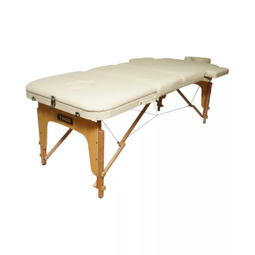 Skladací masážny stôl, 3 zóny, drevený rám, 5 cm pena, výška 55-76 cm, eko koža, rozmery 60x213 cm, krémová farba