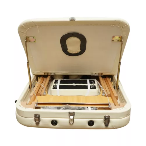 Összecsukható masszázsasztal, 3 zónás, fa váz, 5 cm-es habszivacs, magasság 55-76 cm, eko bőr, méretek 60x213 cm, krémszínű