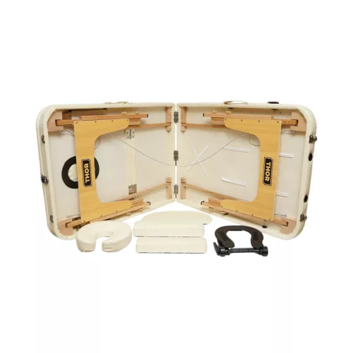 Összecsukható masszázsasztal, 3 zónás, fa váz, 5 cm-es habszivacs, magasság 55-76 cm, eko bőr, méretek 60x213 cm, krémszínű