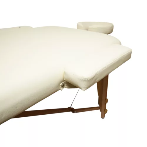Összecsukható masszázsasztal, 3 zónás, fa váz, 5 cm-es habszivacs, magasság 55-76 cm, eko bőr, méretek 60x213 cm, krémszínű