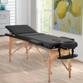   Összecsukható masszázsasztal, 3 zónás, fa váz, 5 cm-es habszivacs, magasság 55-76 cm, eko bőr, méretek 60x213 cm, szín Fekete