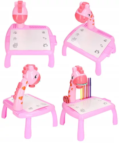 Masa Muzicala de Desen pentru copii cu Proiector, model Girafa, culoare Roz, 24 imagini, AVX-WT-222-2-PINK-GIRAFFE