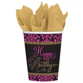 Happy Birthday rosa Pappbecher, 18 Stück, 266 ml