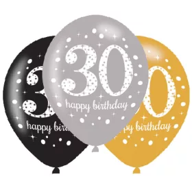   Happy Birthday 30 Gold léggömb, lufi 6 db-os 11 inch (27,5 cm)