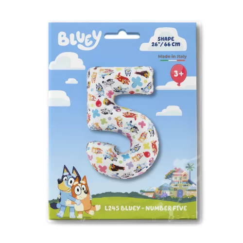 Fóliový balón číslo 5 s motívom Bluey Friends, 66 cm