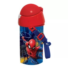   Spiderman-Trinkflasche aus dunklem Kunststoff mit Strohhalm und Aufhänger, 500 ml