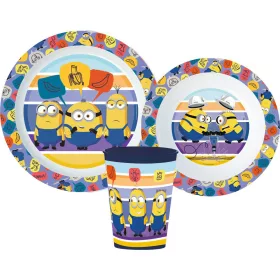   Minions-Geschirr mit Streifenmuster, Set aus Mikroplastik, mit 260-ml-Glas.