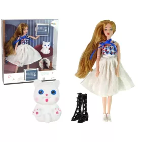 Baby Doll baba macskás hosszú barna hajjal.