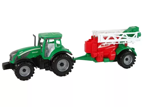 Zöld mezőgazdasági traktor piros és zöld permetezővel, frikciós meghajtással