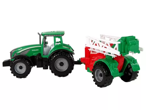 Zöld mezőgazdasági traktor piros és zöld permetezővel, frikciós meghajtással
