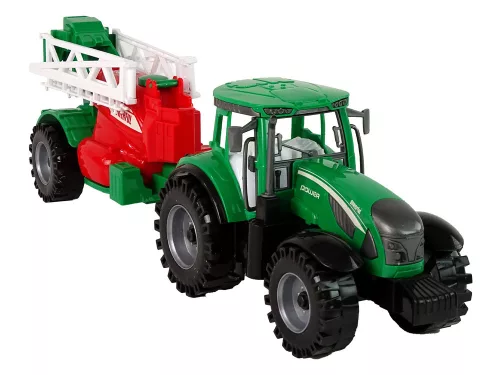 Zöld mezőgazdasági traktor piros és zöld permetezővel, frikciós meghajtással
